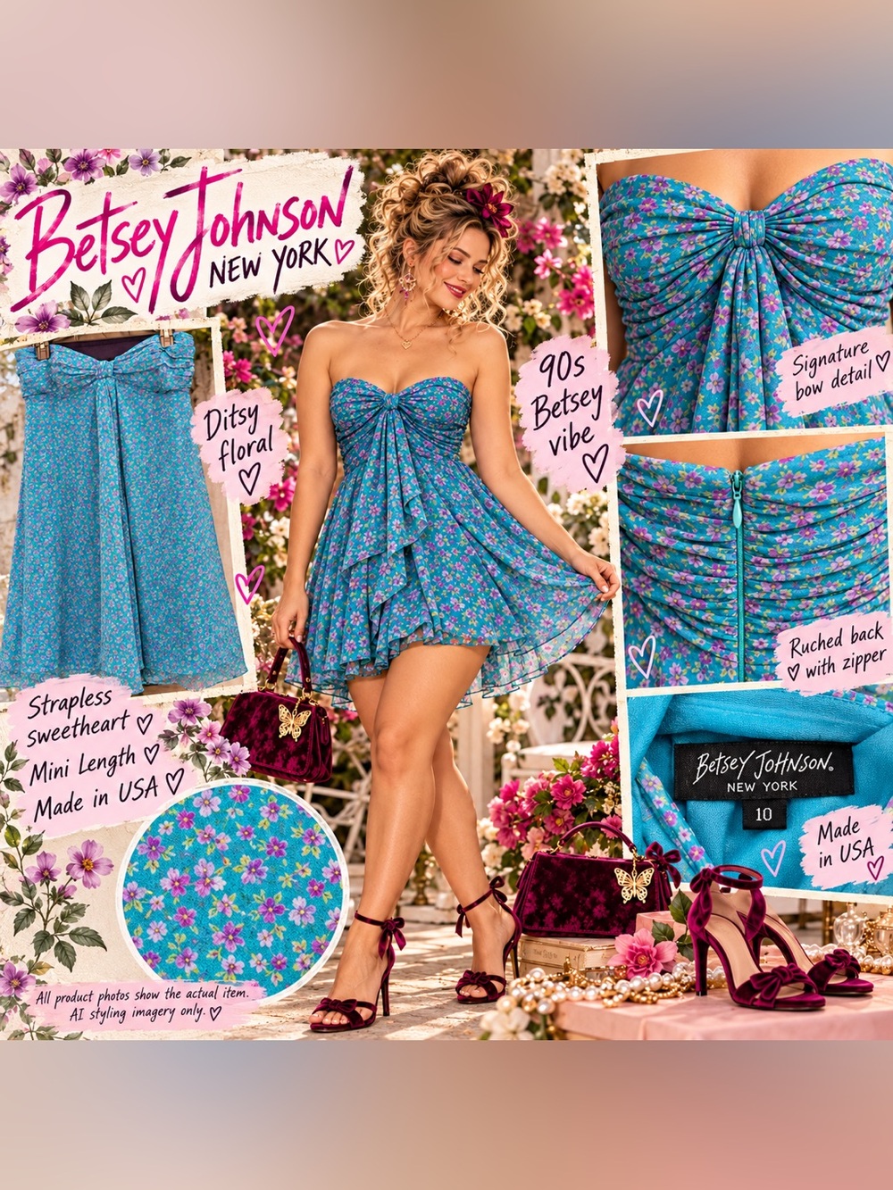 VTG 90s Betsey Johnson Silk Mini Dress Sz 10 Teal Floral Strapless Rare HTF SS96